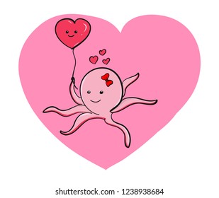 Pretty Octopus cartoon have loving and so happy in love , Picture is drawing by hand, vector illustration