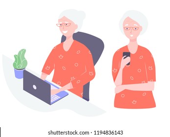 Pretty Old Lady. Grandma Remains Modern And Uses Online Technology. Sits At Table With Laptop. Near The Flower. Stands With A Mobile Phone In Hand. Online Communication, Internet Surfing, Sms.