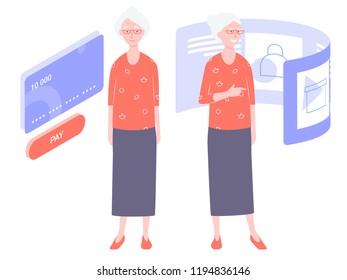 Pretty old lady. Grandma remains modern and uses online technology. Buys in the online store, pay by credit card. Stands next to the payment system and is going to choose the product on the page.