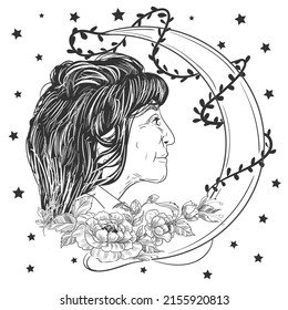 Pretty old Lady with messy hair and decorative flowers staring at the moon covered with the tree leaves, surrounded with the stars line art detailed vector drawing