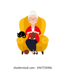 A pretty old lady with a wrinkled face and gray hair sits in a chair and knits. A woman with a black cat. Vector stock hand-drawn illustration isolated on a white background