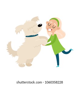 Pretty old woman with big shaggy dog standing on paws. Vector illustration of cartoon cute grandmother with pet isolated on white used for magazine, book, poster.