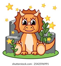 Pretty orange dinosaur. Cartoon flat vector illustration for children. Children's illustration.