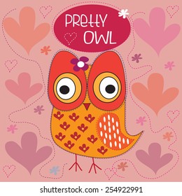 pretty orange owl with flowers vector illustration