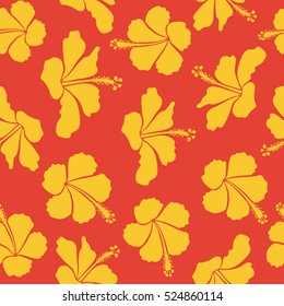 Pretty orange and yellow floral print. Motley seamless pattern. Vector hibiscus flower background.