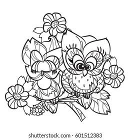 Pretty Owls on tree branch fallen in love - hand drawn doodle vector on white background.Isolated illustration zen art ready for coloring book.