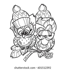 Pretty Owls on tree branch fallen in love - hand drawn doodle vector on white background.Isolated illustration zen art ready for coloring book.
