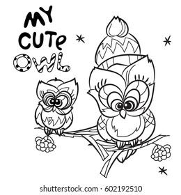 Pretty Owls on tree branch fallen in love - hand drawn doodle vector on white background.Isolated illustration zen art ready for coloring book.