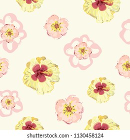 Pretty painted vector floral. Seamless pattern musk roses and yellow hibiscus. Whimsical and lovely- great for textiles, stationery, product packaging, fashion, invitations, wallpaper and more. 