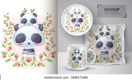 Pretty panda with baby - poster and merchandising. Vector eps 10