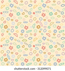 A pretty paper background with stars, clouds, mustaches, lips and cars.