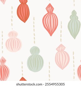 Pretty paper baubles in pink, coral and green color palette hanging on white background. Christmas seamless vector pattern. Great for home decor, fabric, wallpaper, gift-wrap, stationery and packaging