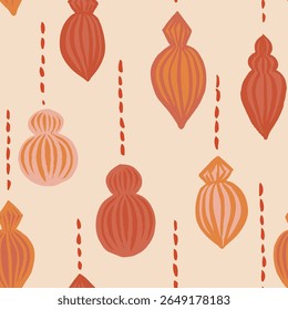 Pretty paper baubles and tree ornaments forming a minimalist holiday pattern in colors of red and peach on cream background. Christmas seamless vector pattern. Great for home decor, fabric, wallpaper.