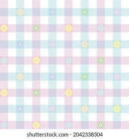 Pretty pastel ditsy gingham. Seamless vector plaid pattern with flower motif. Suitable for fashion, home decor and stationary.