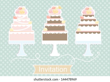 Pretty pastel invitation design with a display of tiered decorative birthday and wedding cakes in a row on a light blue patterned background with a cartouche with the word Invitation below
