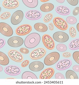 Pretty Pastel Pizza and Retro Music Record Pattern Print - For Foodies and Music Lovers