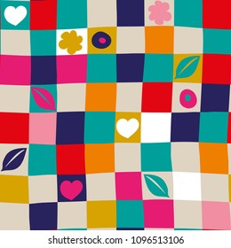 Pretty patchwork squares with hearts and leaves