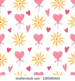 Pretty pattern with balloons, flowers and hearts, seamless texture with colorful illustrations of balloons. Vector background for St Valentine decoration.