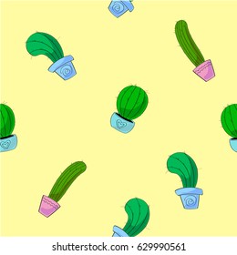 Pretty pattern of cartoon cactus in the pots on the yellow background