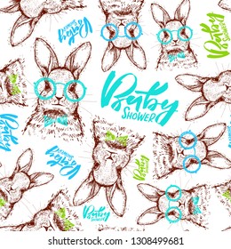 Pretty pattern with hand drawn rabbits for baby boy birthday. With lettering Baby shower. Hipster animal