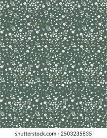 Pretty pattern in small flowers. Small white flowers. dark green background. Ditsy floral background. Delicate template for fashion, textile, wallpaper.