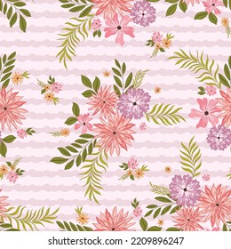 Pretty Peach and Purple Flowers With Stripes seamless Pattern and background