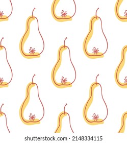 Pretty pears are scattered on the white background. Seamless pattern with a fruit in the doodle style. Drawn by ink. Polka dot texture.
