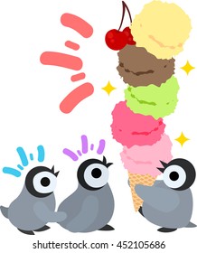 The pretty penguin babies and a very big ice cream