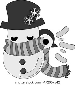 A pretty penguin baby and a big snowman