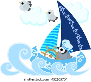The pretty penguin baby and a blue yacht