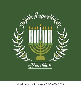 Pretty picture of a Jewish candlestick. Image to congratulate the Hanukkah festival. Image with olive leaves around. Editable vector.