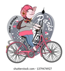 Pretty pig with a bike and Eiffel Tower. Hand drawn illustration of dressed piggy in Paris. Romantic and fun trip.