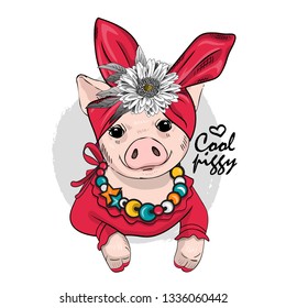 Pretty pig with bow, flower, necklace and red turban. Hand drawn illustration of cool dressed piggy. Vector illustration.