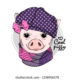 Pretty pig with bow, hat and knitted scarf. Hand drawn illustration of dressed piggy. Vector illustration.