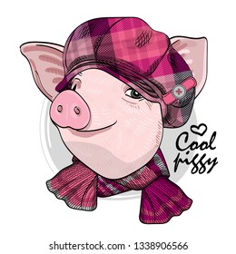 Pretty pig with checkered cap and knitted scarf. Hand drawn illustration of dressed piggy. Vector illustration.