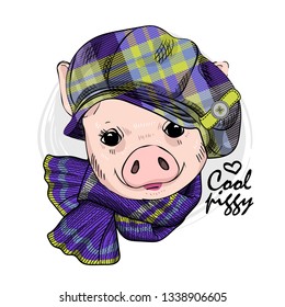 Pretty pig with checkered cap and knitted scarf. Hand drawn illustration of dressed piggy. Vector illustration.
