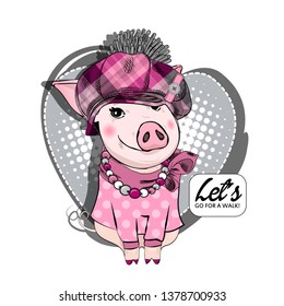 Pretty pig with checkered hat, pink scarf and necklace. Vector illustration of dressed piggy.