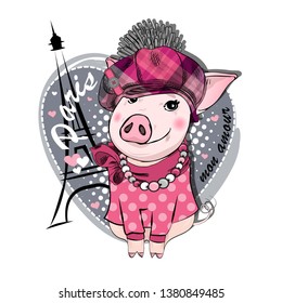 Pretty pig with checkered hat, pink scarf, necklace and Eiffel Tower. Vector illustration of dressed piggy in Paris.