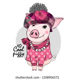 Pretty pig with dress, necklace and checkered cap. Hand drawn illustration of dressed cool piggy. Vector illustration.