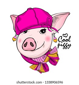 Pretty pig with earrings, pink hat and knitted scarf. Hand drawn illustration of dressed piggy. Vector illustration.