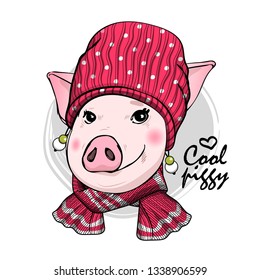 Pretty pig with earrings, red knitted hat and red scarf. Hand drawn illustration of dressed piggy. Vector illustration.