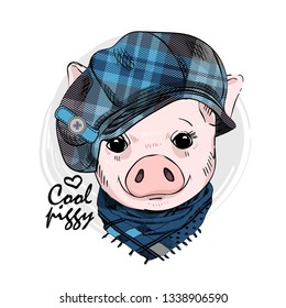 Pretty pig with gblue checkered cap and  scarf. Hand drawn illustration of dressed piggy. Vector illustration.