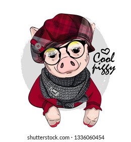 Pretty pig with glasses, checkered cap and knitted scarf. Hand drawn illustration of dressed piggy. Vector illustration.