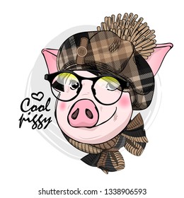 Pretty pig with glasses, checkered cap and knitted scarf. Hand drawn illustration of dressed piggy. Vector illustration.