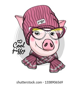 Pretty pig with glasses, pink knitted hat and pink knitted scarf. Hand drawn illustration of dressed piggy. Vector illustration.