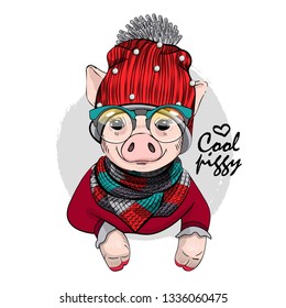 Pretty pig with glasses, red knitted hat and knitted scarf. Hand drawn illustration of dressed cool piggy. Vector illustration.
