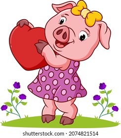 The pretty pig is holding the heart of illustration