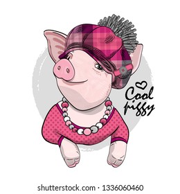 Pretty pig with necklace and checkered cap . Hand drawn illustration of cool dressed piggy. Vector illustration.