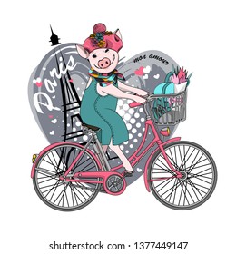 Pretty pig with pink bike and Eiffel Tower. Hand drawn illustration of dressed piggy in Paris. Romantic and fun trip.