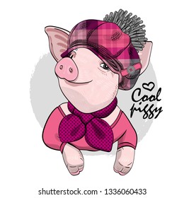 Pretty pig with pink checkered cap and tie. Hand drawn illustration of dressed piggy. Vector illustration.